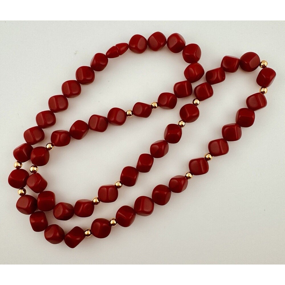 Vintage 30” Red Nugget Bead Necklace with Gold Tone Spacers Chunky Retro Jewelry